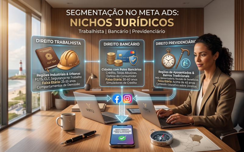 Como segmentar campanhas no Meta Ads para cada nicho jurídico (trabalhista, bancário, previdenciário)